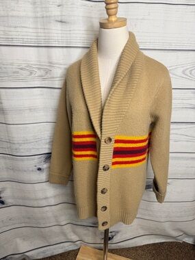 Callahan Camel Shawl Collar Cardigan with Red & Yellow Stripes